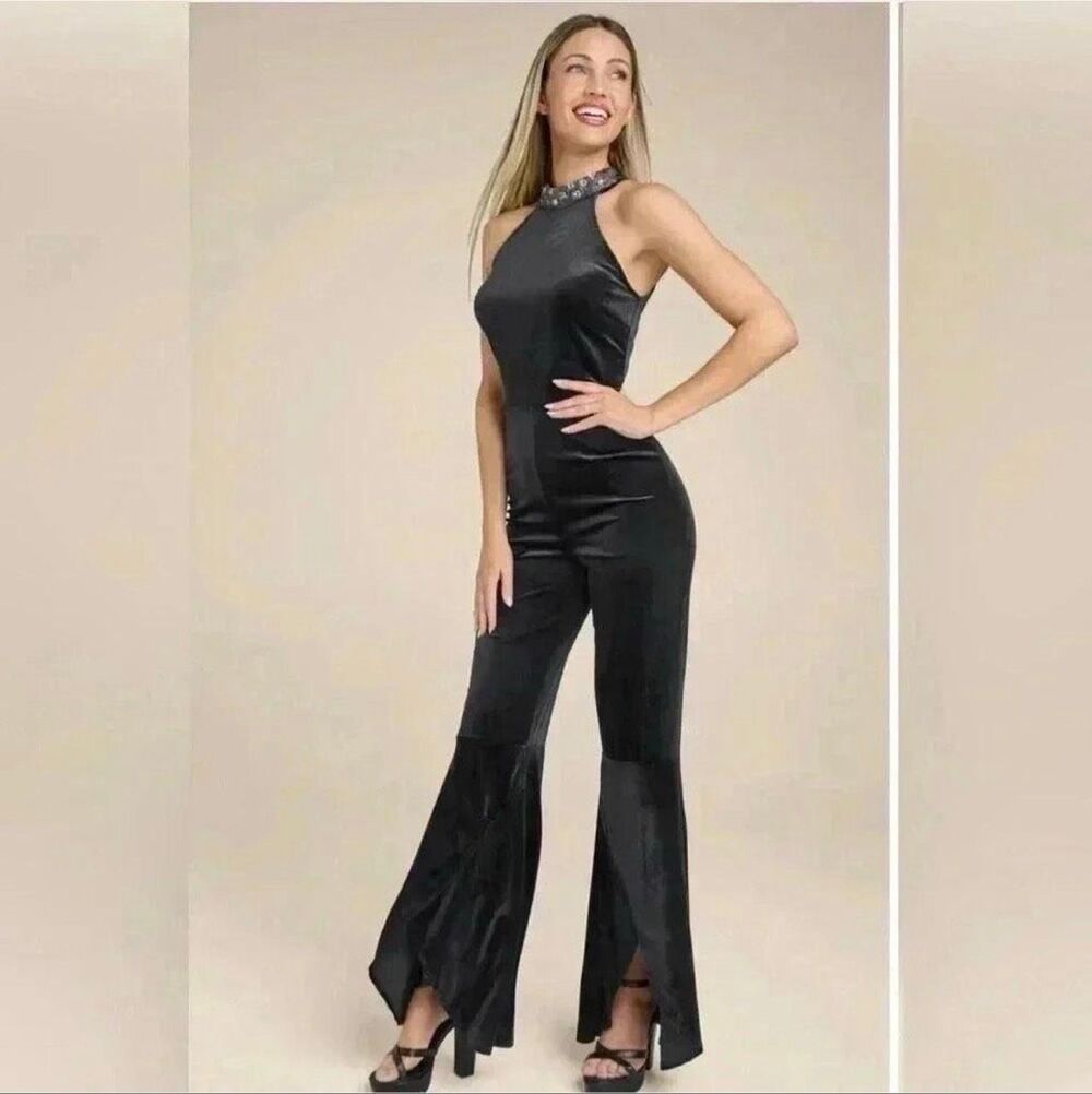 Venus Black Velvet Embellished Halter Jumpsuit Wide Ruffle Leg Party Romper 3X